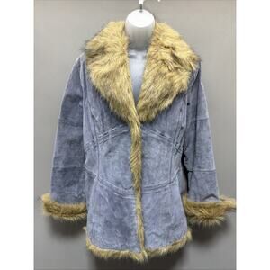 Vintage Outbrook Womens M Blue Genuine Leather Jacket Lined Faux Fur Collar
